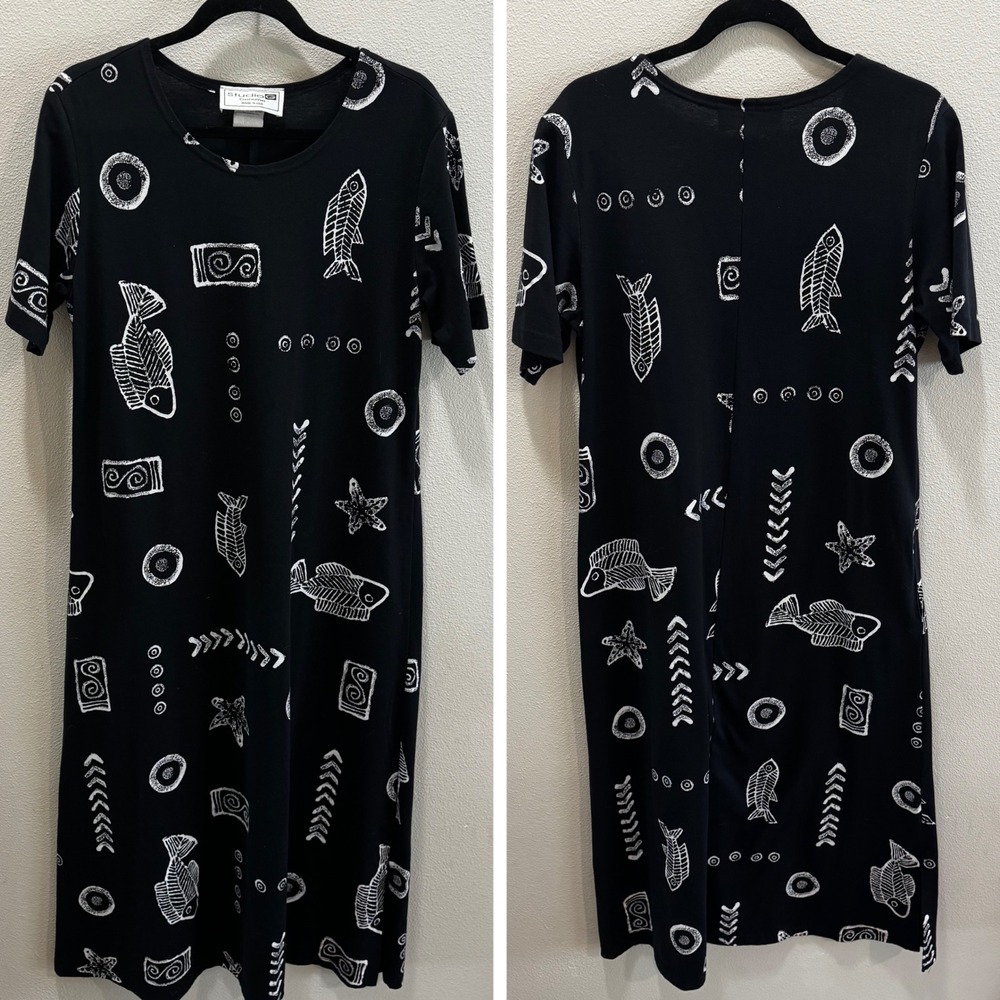 Studio G T-Shirt Dress Womens Large Black Fish Skeleton Tribal Print (x1522)